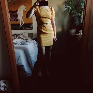 Mustard soft stretchy yellow mini dress with cap sleeves.